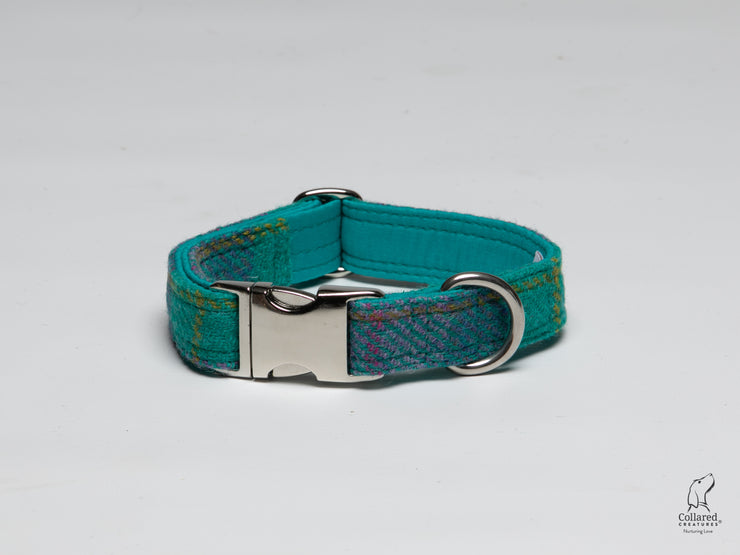 Teal-lilac-check-handmade-harris-tweed-dog-collar|collaredcreatures