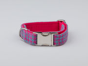 Turqouise And Pink Houndstooth Harris Tweed Luxury Dog Collar - Collared Creatures