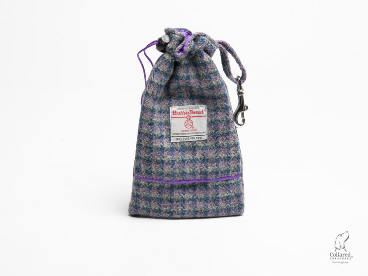 Lilac & Blue small Check Harris Tweed Treat Bag With Built-In Poop Bag Dispenser |collared creatures