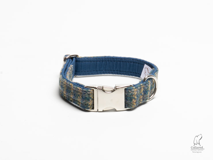 handmade-harris-tweed-yelloe-blue-harris-tweed-dog-collar|collaredcreatures