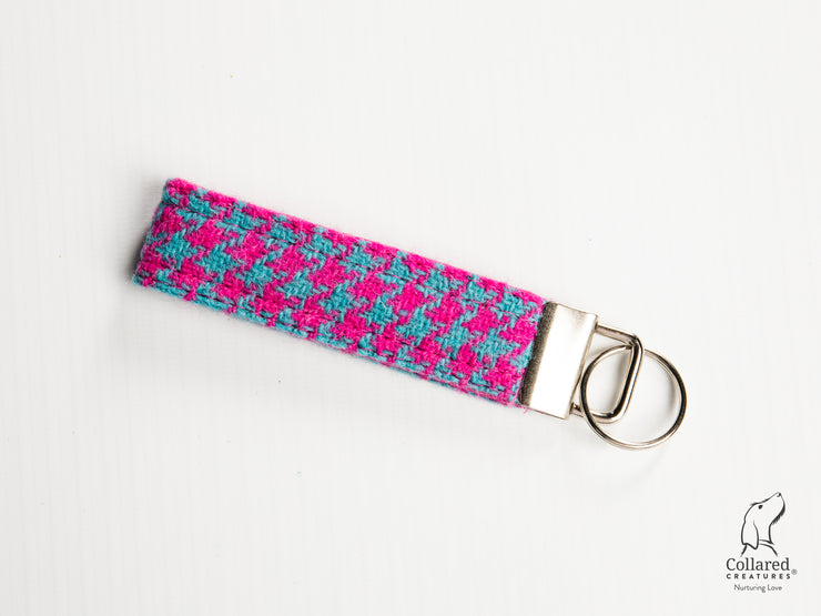 Collared Creatures Turquoise and Pink Harris Tweed Luxury Keyring