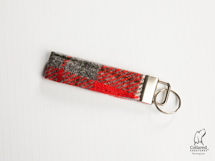 Collared Creatures Red And Grey Check Luxury Handmade Harris Tweed Keyrings / Key Fobs