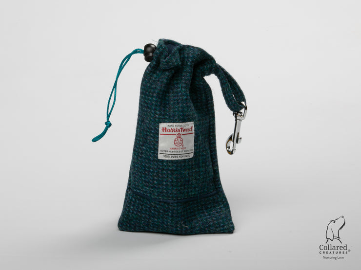 product photo of collared creatures Teal with a touch of blue Harris Tweed luxury dog Treat Bag
