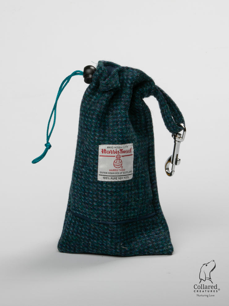 Product photo of collared creatures teal with a touch of blue Harris Tweed treat bag