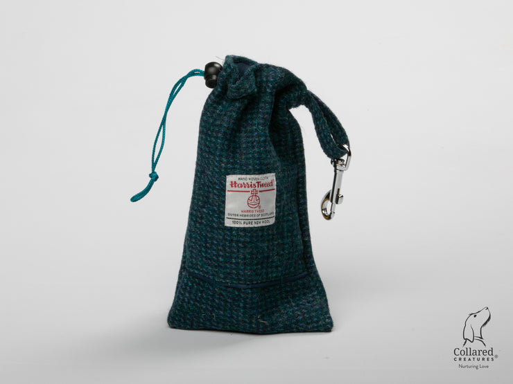 Product photo of collared creatures teal with a touch of blue Harris Tweed treat bag