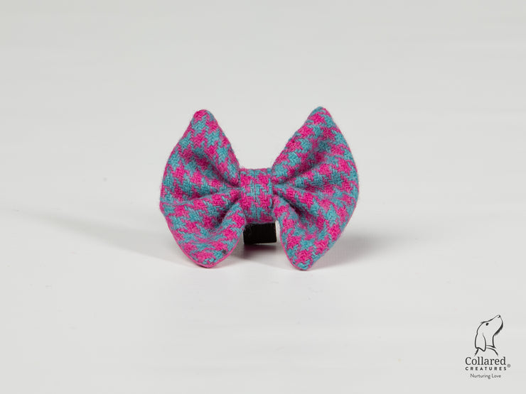 Collared Creatures Turquoise & Pink Houndstooth Luxury Harris Tweed Dog Bow Tie