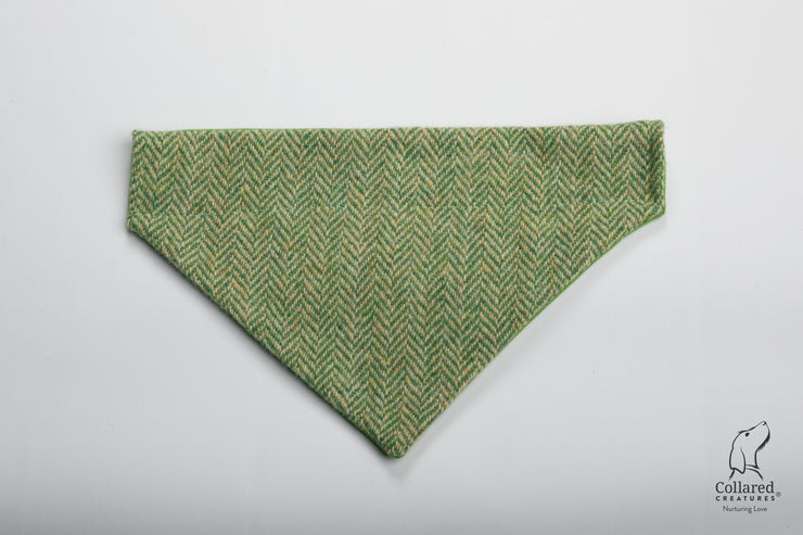 product photo of collared creatures green herringbone luxury Harris Tweed dog bandana