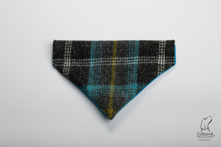 product photo of collared creatures grey & blue check luxury Harris Tweed dog bandana