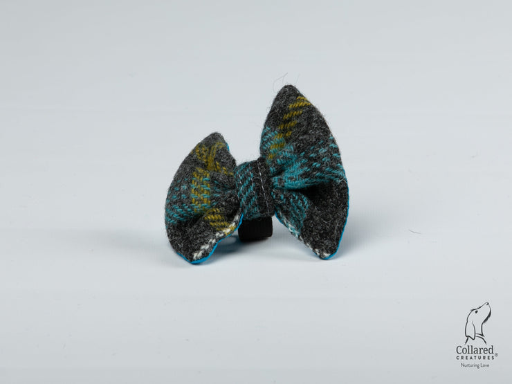 Collared Creatures Grey & Blue Check Harris Tweed Luxury Dog Bow Tie