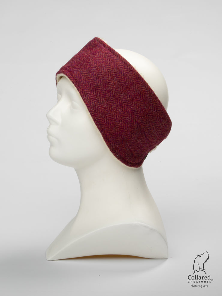 Product photo of Collared Creatures Raspberry & Coral Herringbone Ladies Harris Tweed Headband