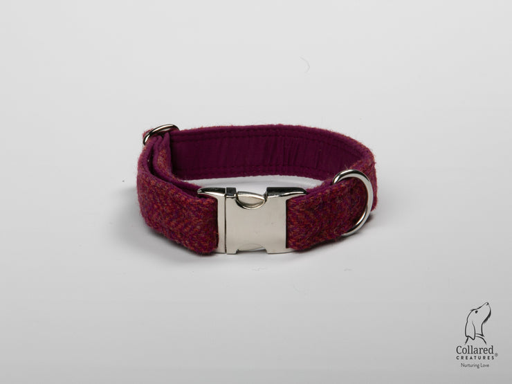 product photo of collared creatures raspberry & coral Harris Tweed dog collar