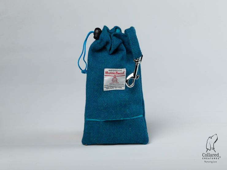 Collared Creatures Teal Herringbone Harris Tweed Treat Bag With Built-In Poop Bag Dispenser
