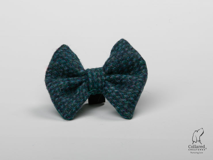 product photo of collared creatures Teal with a touch of blue Harris Tweed luxury dog bow tie